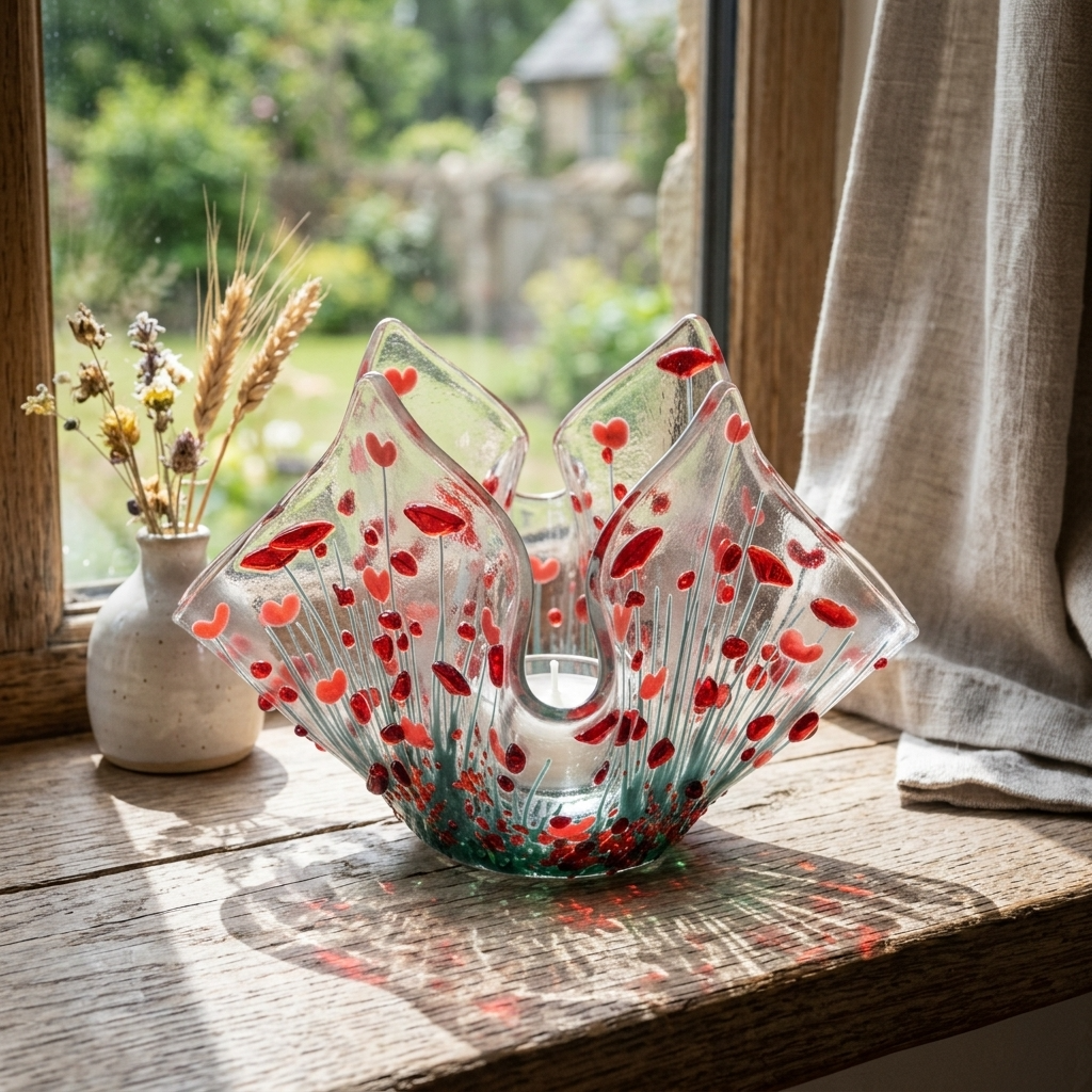 Handmade Fused Glass Poppy Tealight Holder