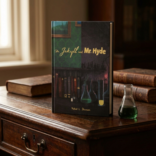 Dr Jekyll and Mr Hyde by Robert Louis Stevenson hardback on a Victorian writing desk