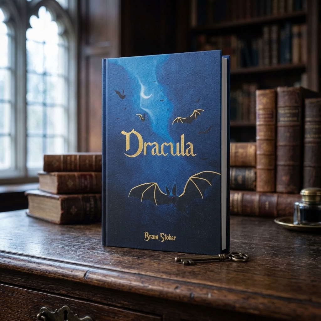 Dracula by Bram Stoker Wordsworth Collector's Edition hardback on an antique desk in a Gothic library