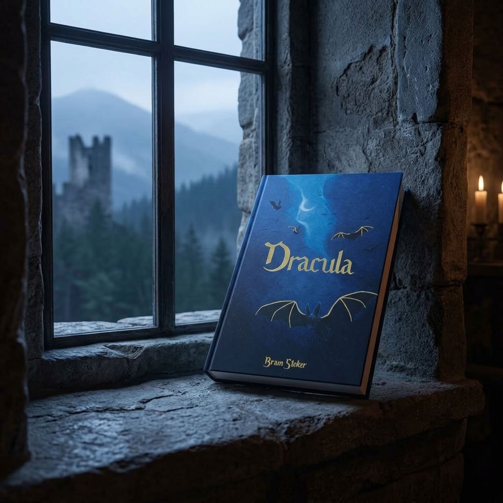 Dracula by Bram Stoker hardback on an old Gothic castle window ledge overlooking misty Transylvanian mountains