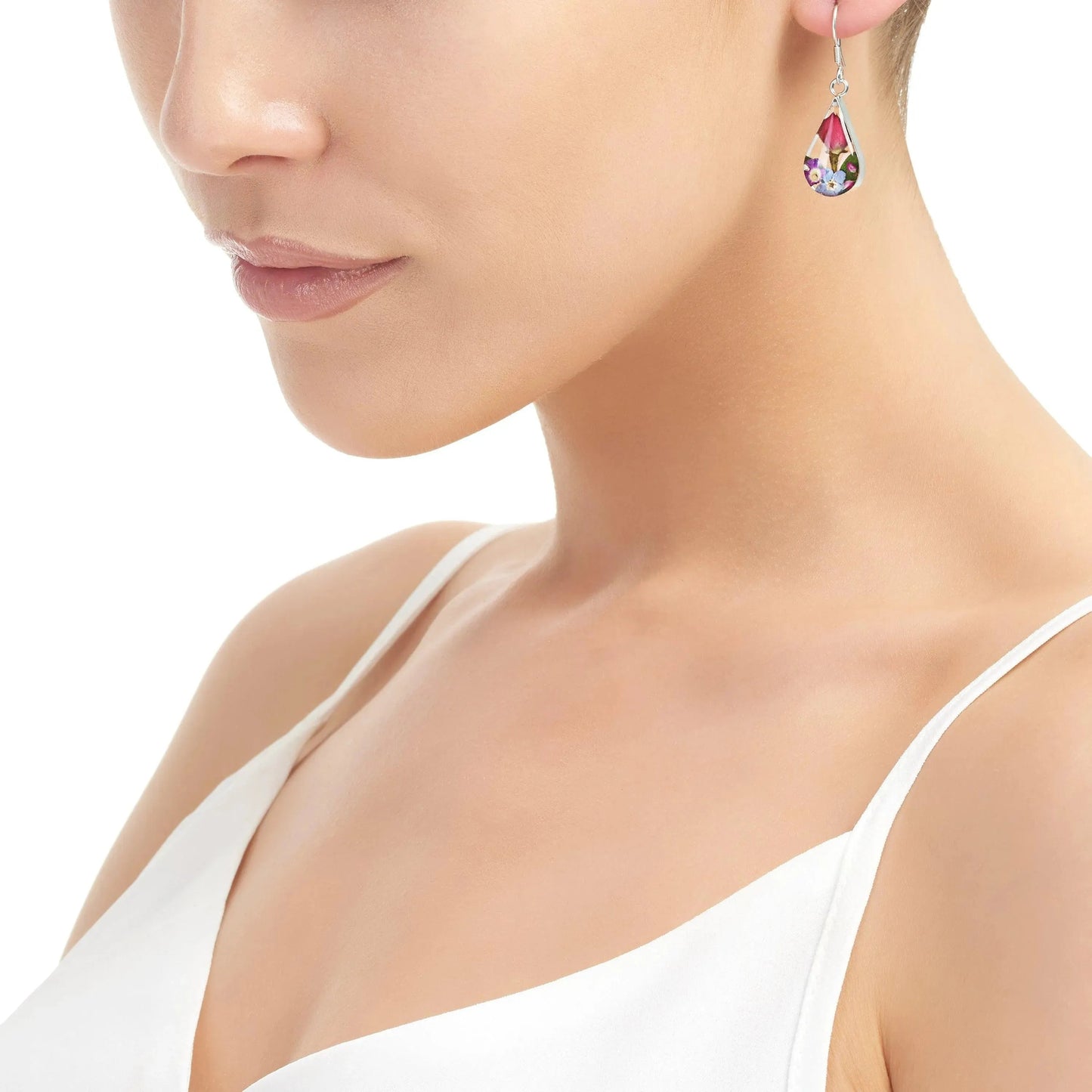 Sterling Silver teardrop earrings with real flowers by Shrieking Violet