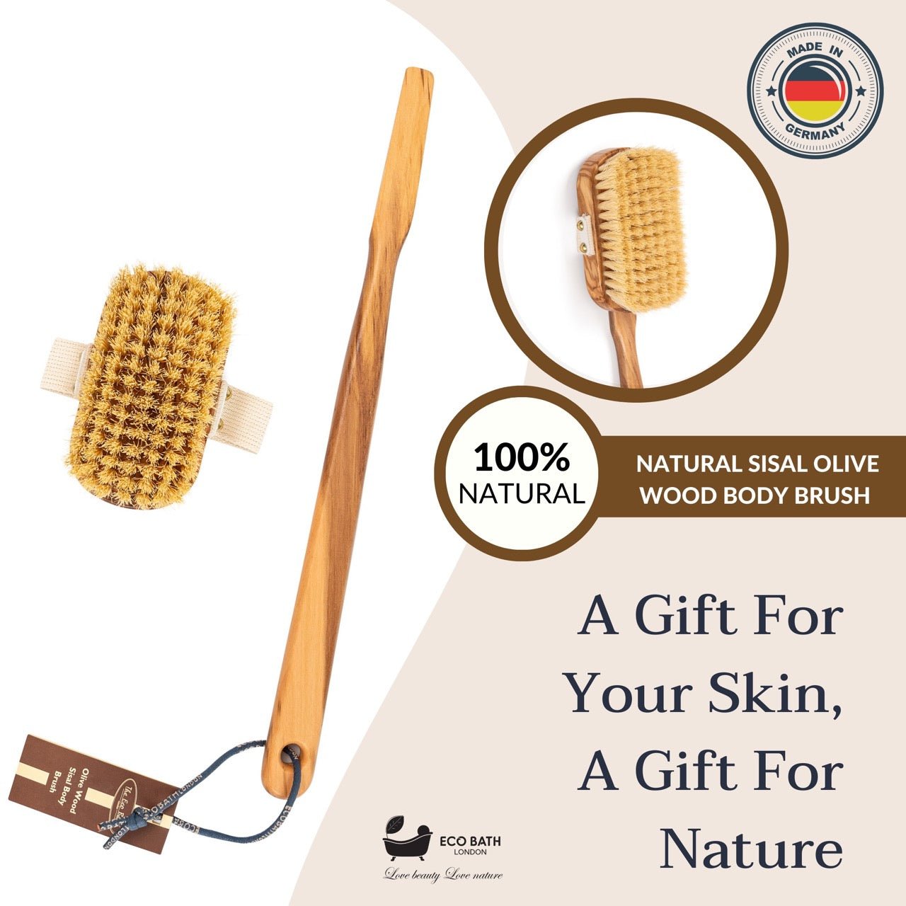 Eco Bath London Luxury Natural Sisal Olive Wood Body Brush - The Ultimate Dry Brushing Body Brush