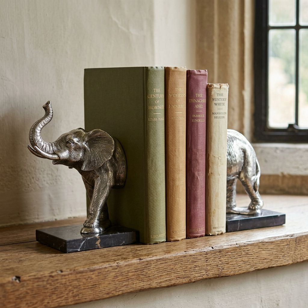 Silver elephant bookends with vintage books styled on an aged oak shelf in an English country house