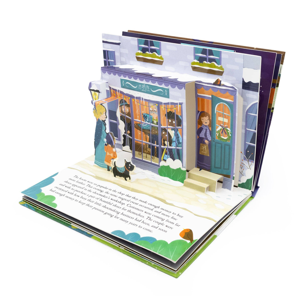 The Elves and the Shoemaker children's pop-up book displaying its illustrated interactive pages