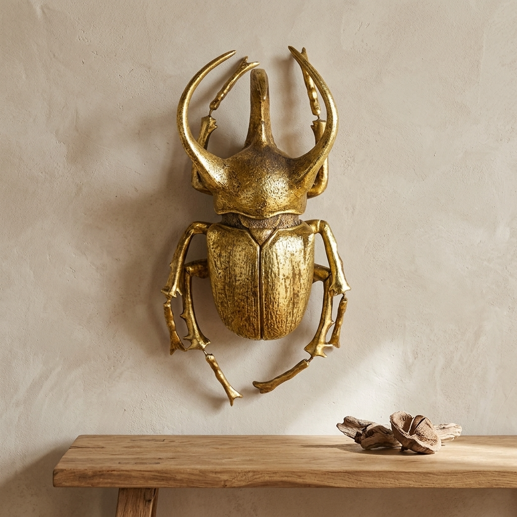 Extra large gold beetle wall decoration displayed above a rustic oak shelf against a warm textured wall.