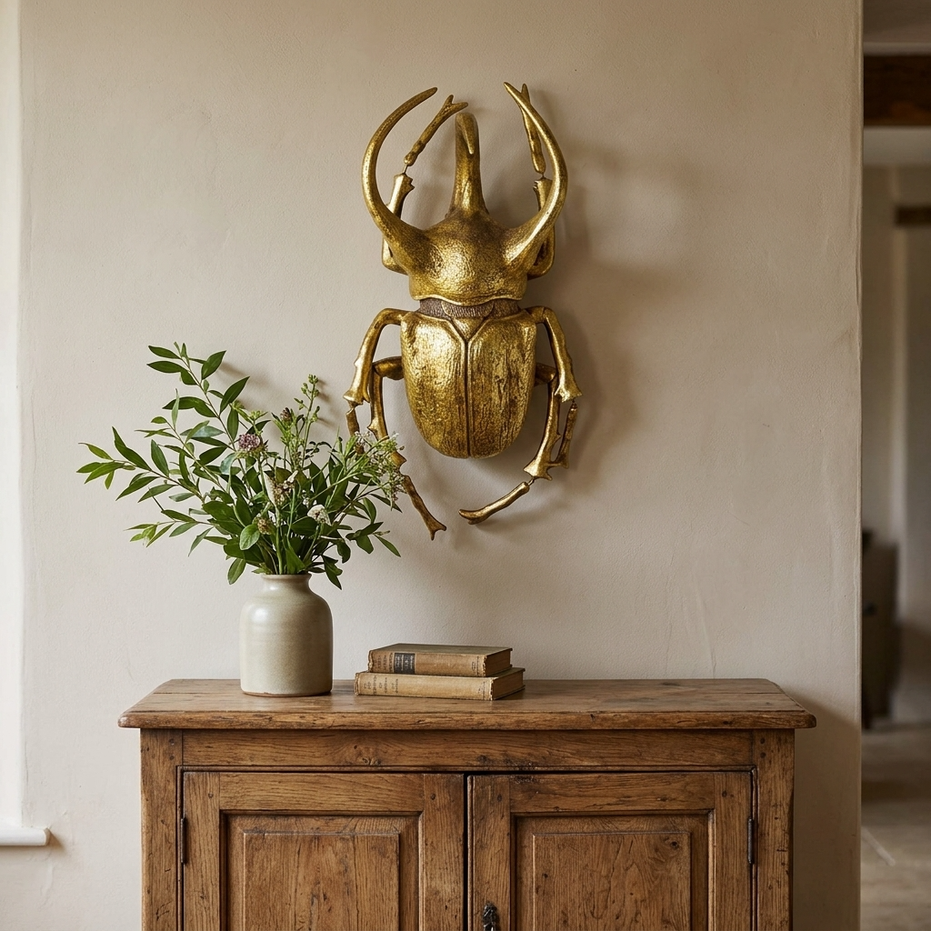 Extra large gold beetle wall decoration displayed above a rustic oak sideboard with leafy greenery in a warm, naturally styled interior.