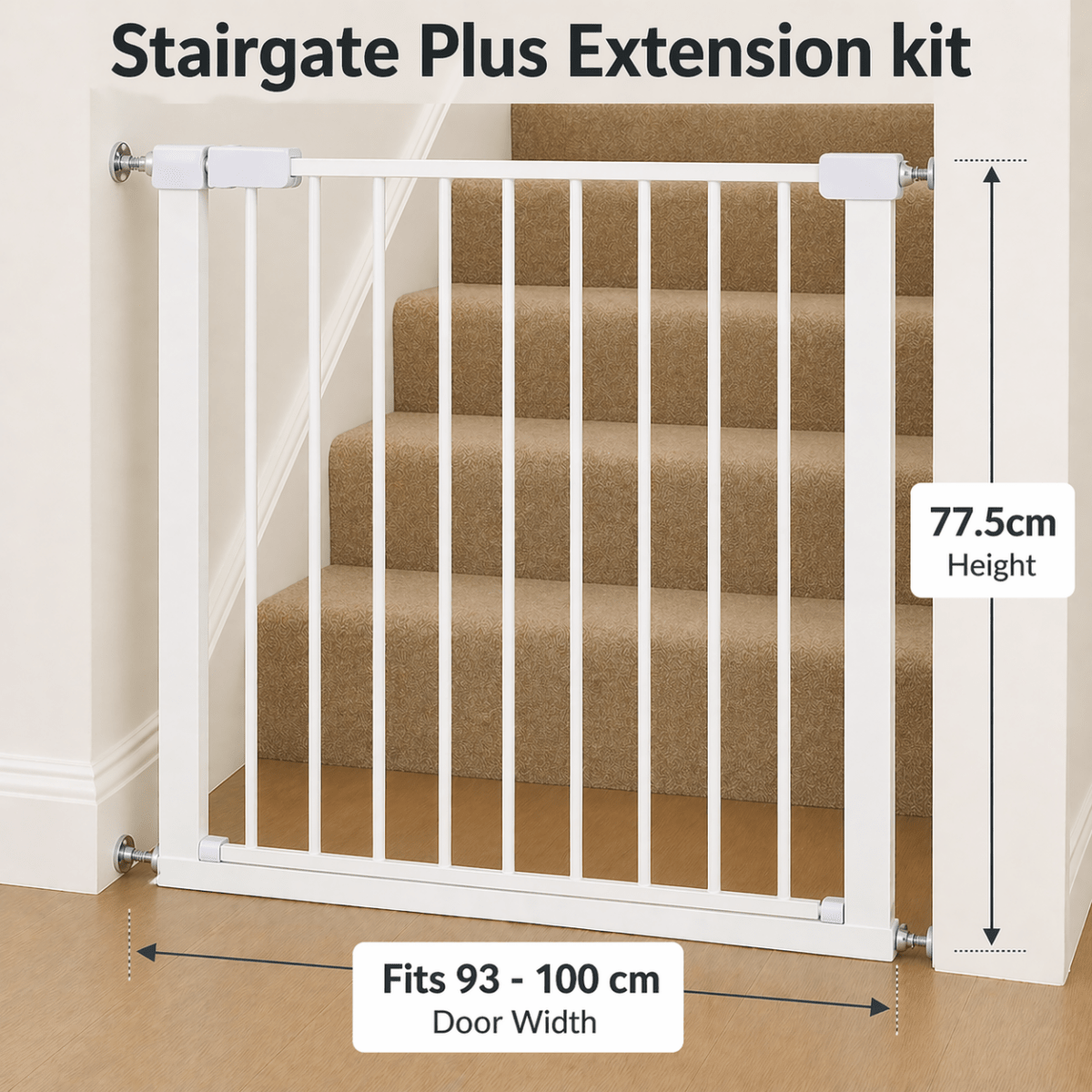 Extra Wide Pressure Fit Baby Safety Stair Gate in White shown with 14cm extension for openings from 93cm to 100cm