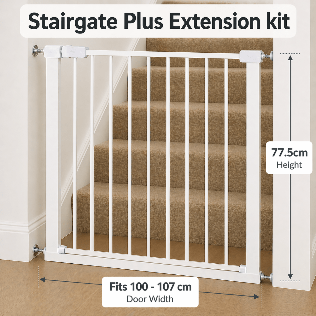Extra Wide Pressure Fit Baby Safety Stair Gate in White shown with 7cm and 14cm extensions for openings from 100cm to 107cm