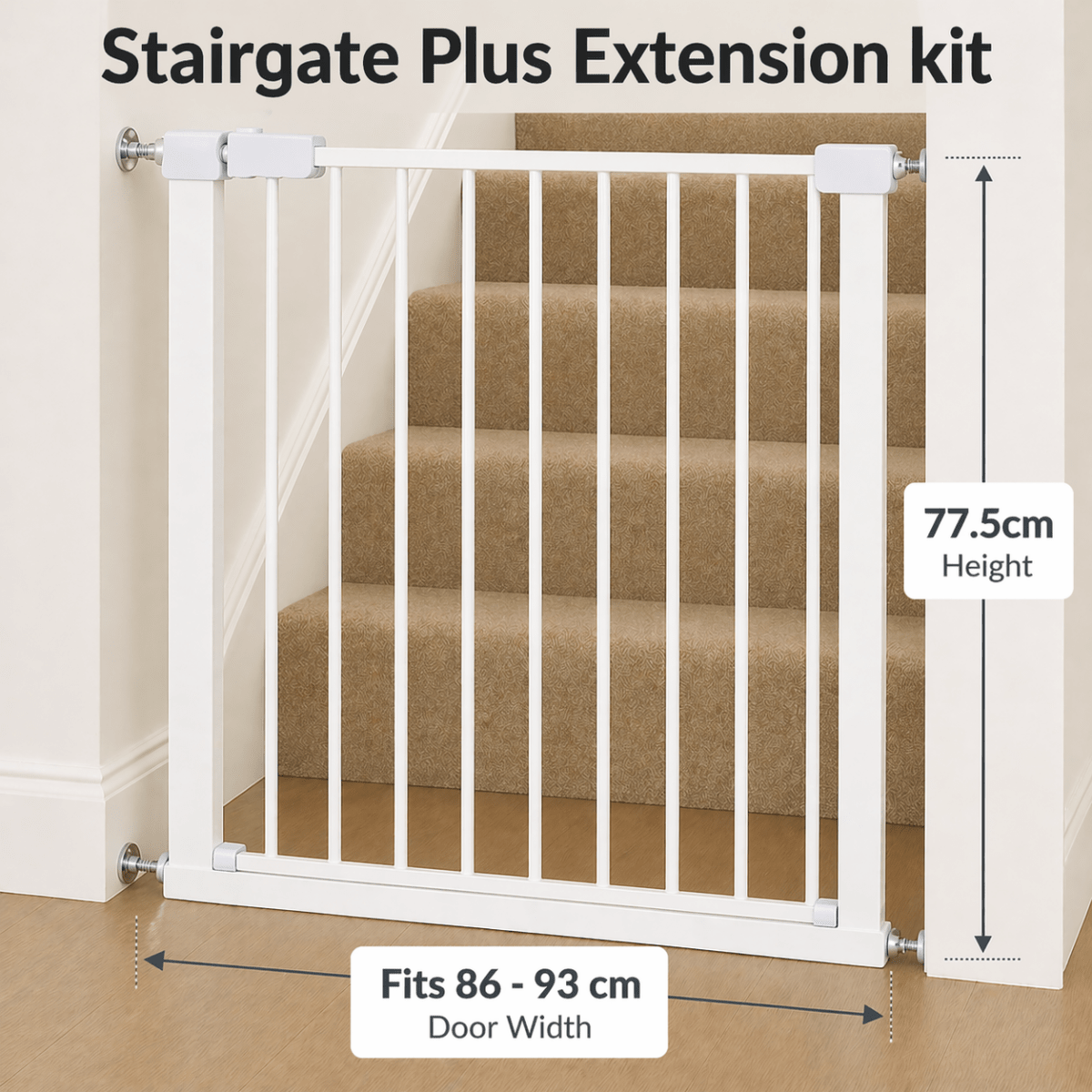 Extra Wide Pressure Fit Baby Safety Stair Gate in White shown with 7cm extension for openings from 86cm to 93cm