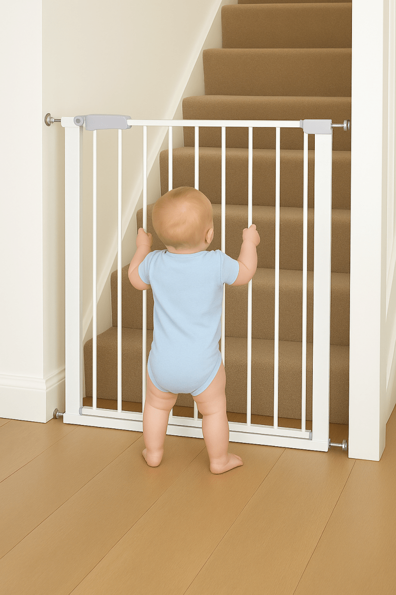 Extra Wide Pressure Fit Baby Safety Stair Gate in White fitted across a doorway with a young child behind the gate