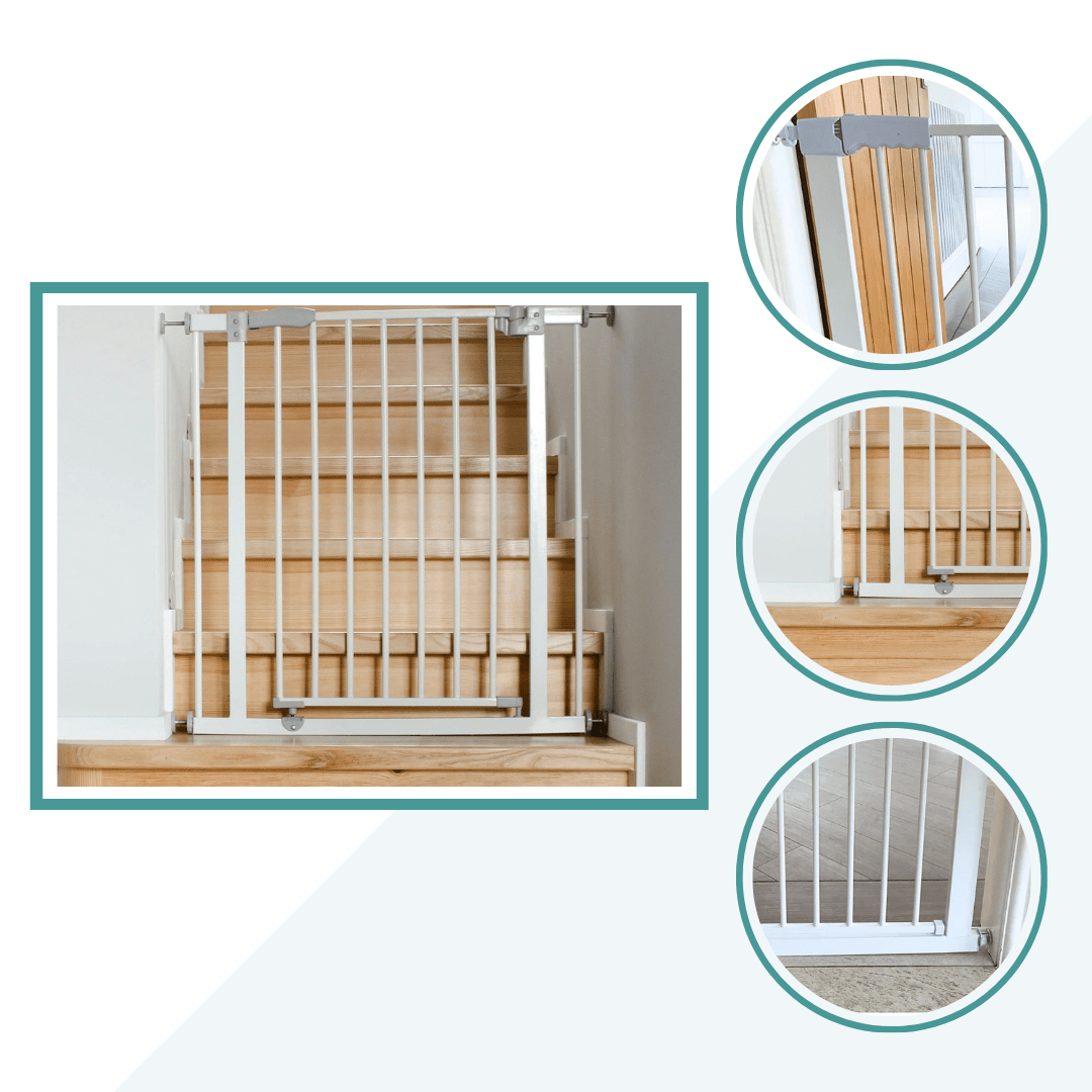Extra Wide Pressure Fit Baby Safety Stair Gate in White product graphic showing close-up details of the gate and fittings
