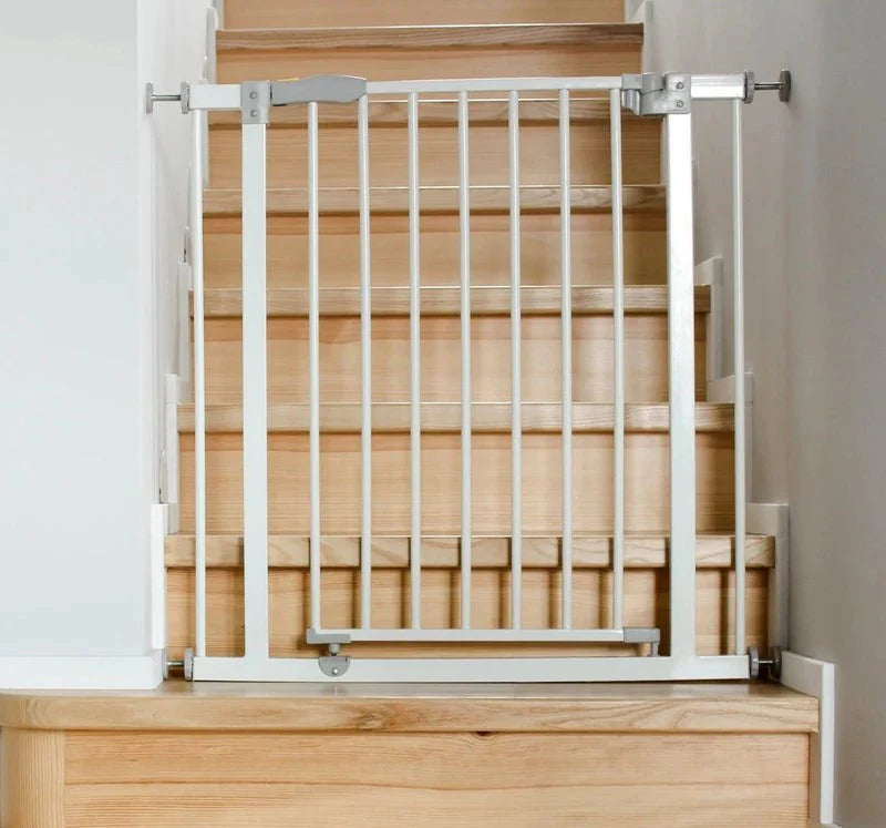 Extra Wide Pressure Fit Baby Safety Stair Gate in White shown fitted across a doorway from the front
