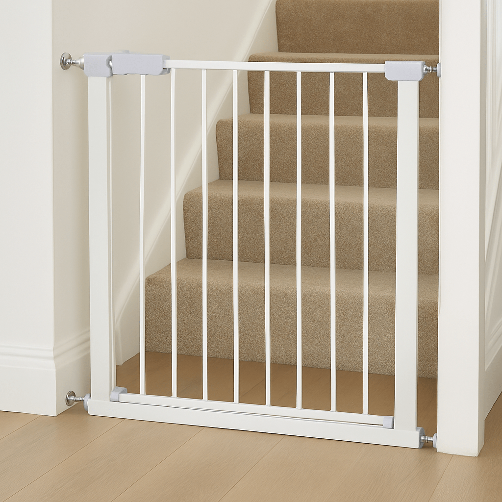Extra Wide Pressure Fit Baby Safety Stair Gate in White fitted across a doorway in a neutral home interior