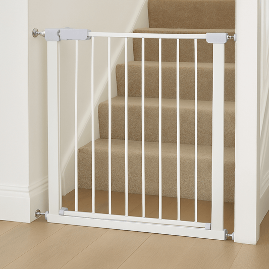 Extra Wide Pressure Fit Baby Safety Stair Gate in White fitted across a doorway in a neutral home interior