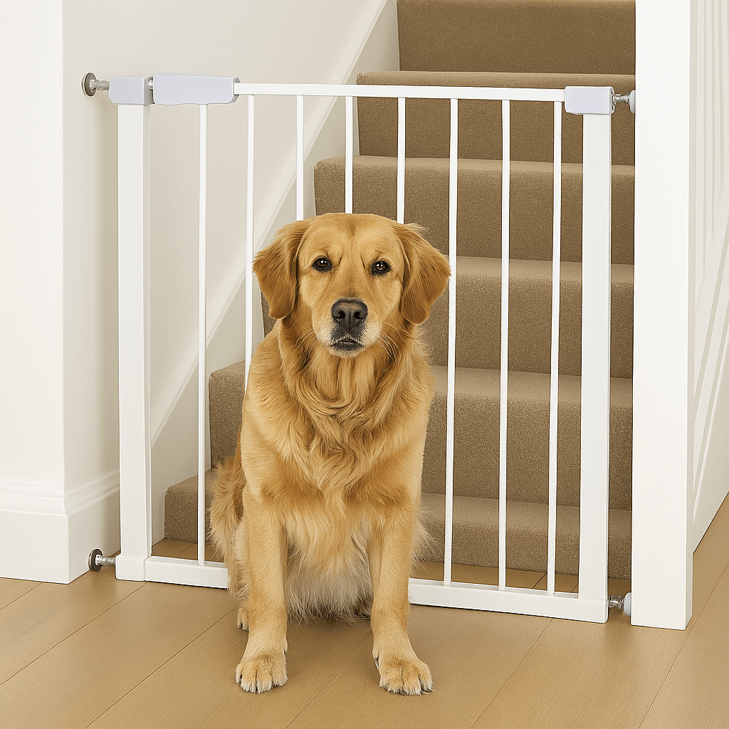 Extra Wide Pressure Fit Baby Safety Stair Gate in White fitted across a doorway with a dog behind the gate