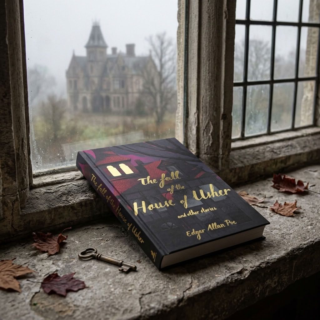 The Fall of the House of Usher by Edgar Allan Poe beside an old window with autumn leaves and a distant Gothic house