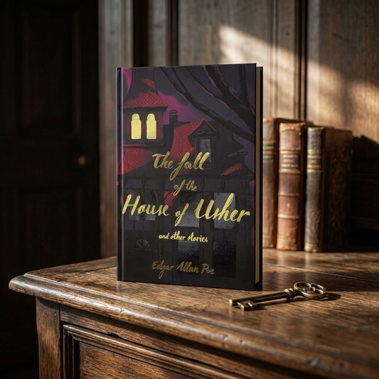 The Fall of the House of Usher by Edgar Allan Poe hardback with an antique key on an aged wooden table