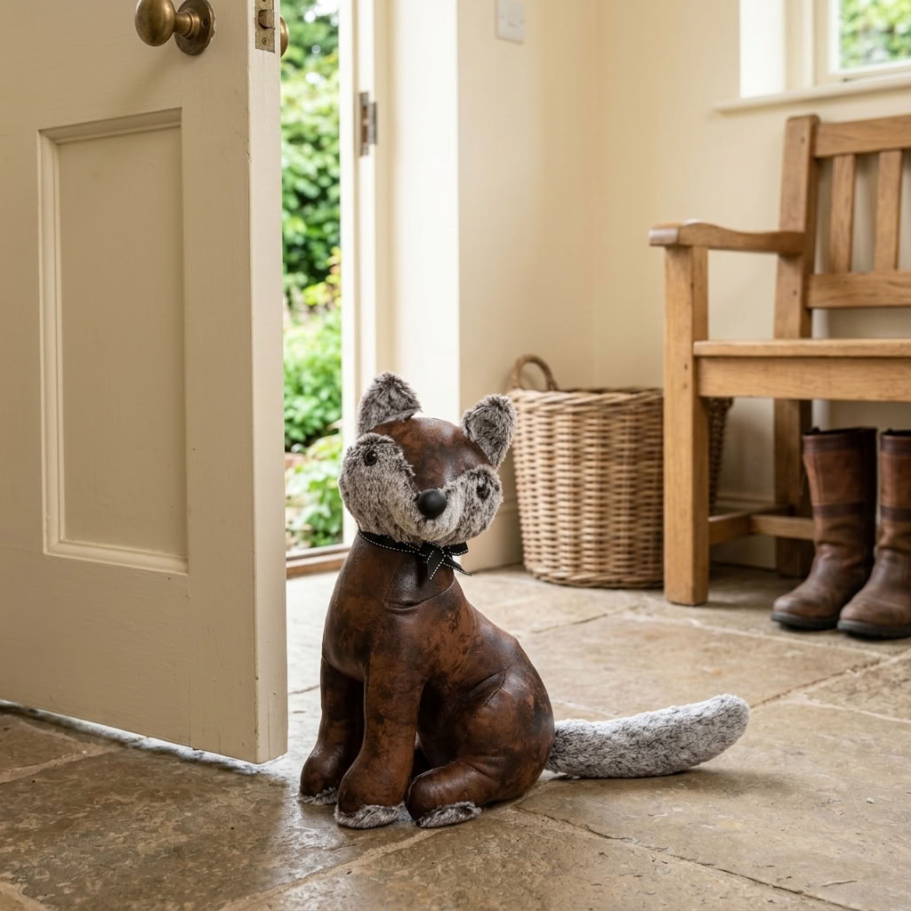 Faux Leather Fox Doorstop displayed beside a painted wooden door in a country boot room with rustic furnishings