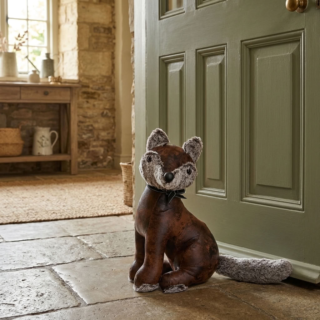 Faux Leather Fox Doorstop sitting on a natural stone floor beside a traditional doorway in an English country hallway