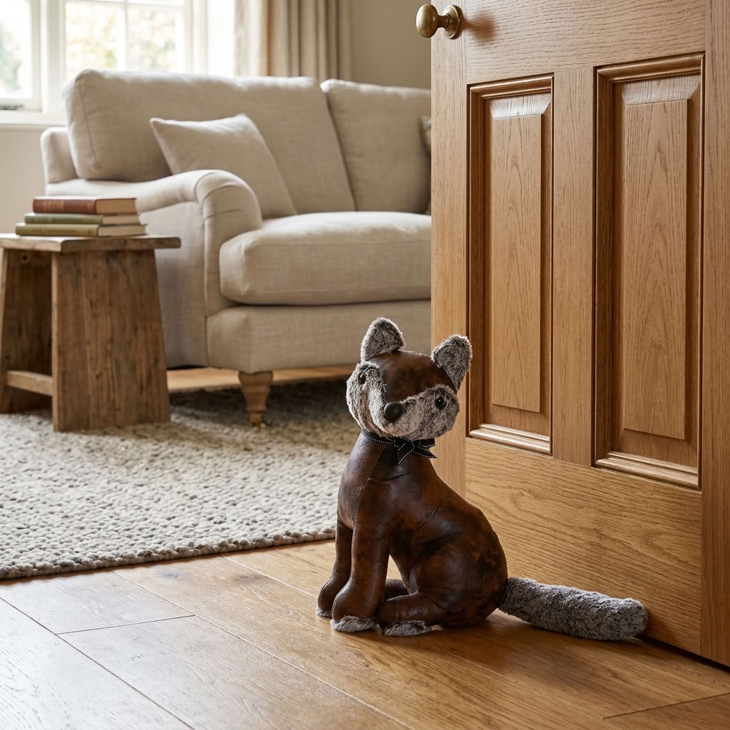 Faux Leather Fox Doorstop holding open a wooden door in a traditional country sitting room with a pale linen sofa