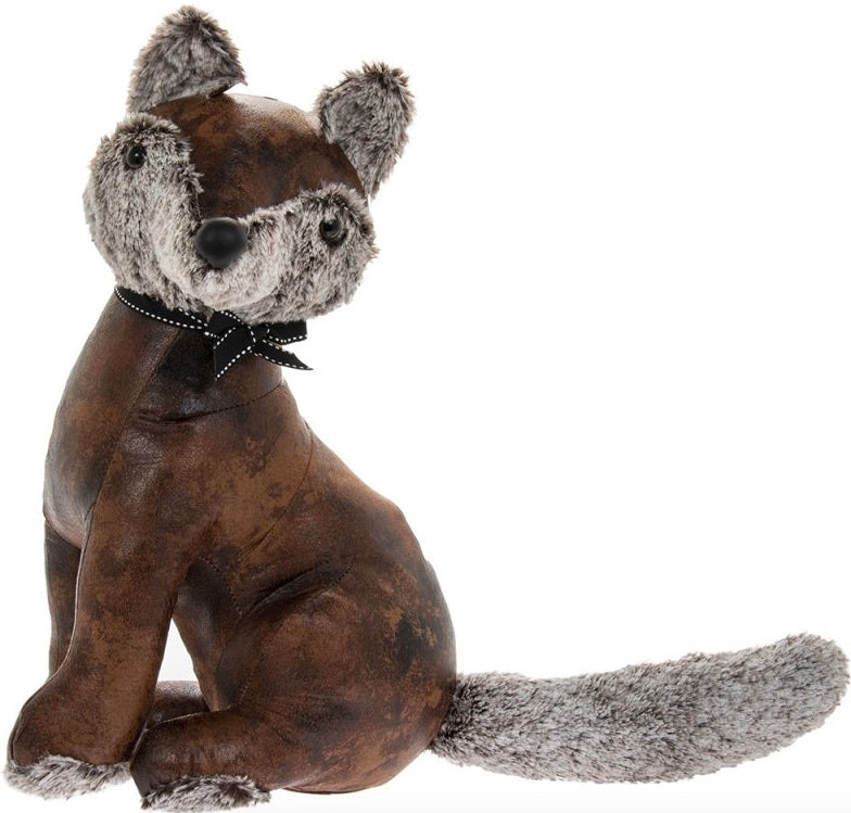 Faux Leather Fox Doorstop with brown seated body, grey faux fur face, ears and bushy tail, finished with a small black bow tie.