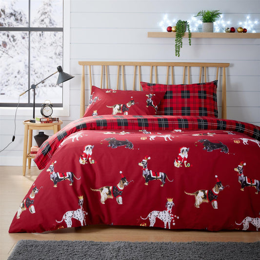Festive Christmas Dogs Reversible Duvet Cover Set Cotton Rich Bedding Set by OLIVIA ROCCO