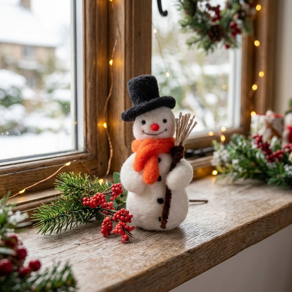 Festive Snowman Needle Felting Craft Kit finished snowman displayed on a rustic cottage windowsill with Christmas greenery