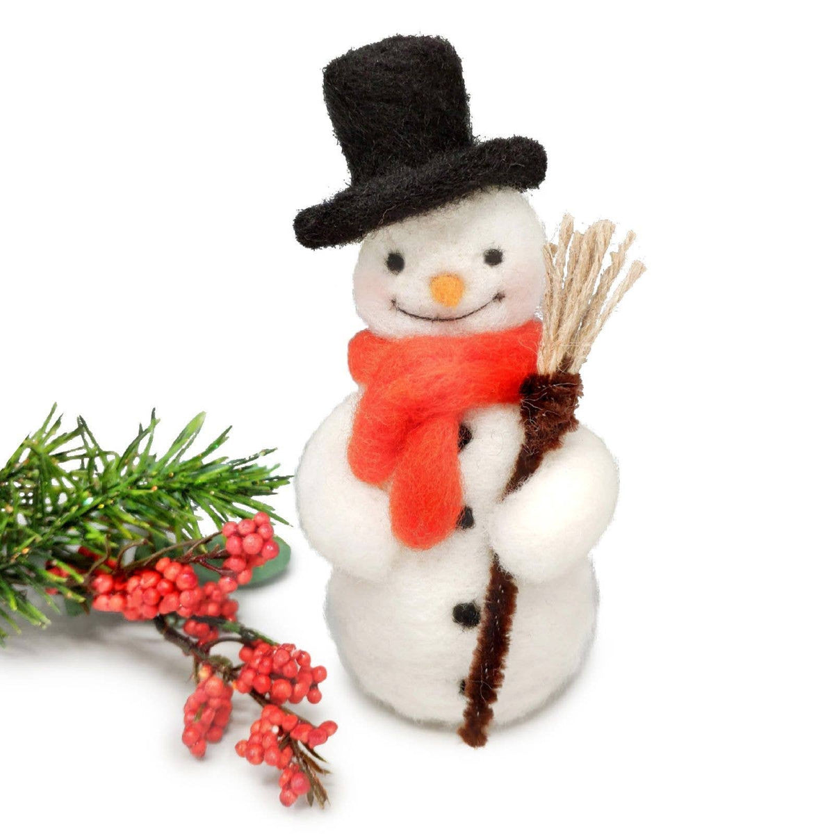 Festive Snowman Needle Felting Craft Kit finished handmade snowman with black top hat, red scarf and broom on a white background