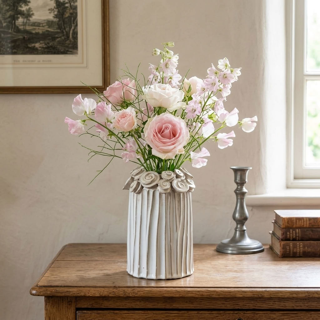 Flower Vase filled with soft pink and white cottage flowers on an antique oak dresser in a country home