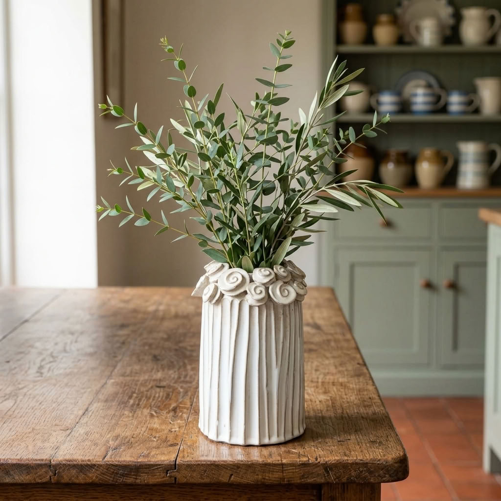 Flower Vase with fresh green foliage styled on an aged oak table in an English country kitchen
