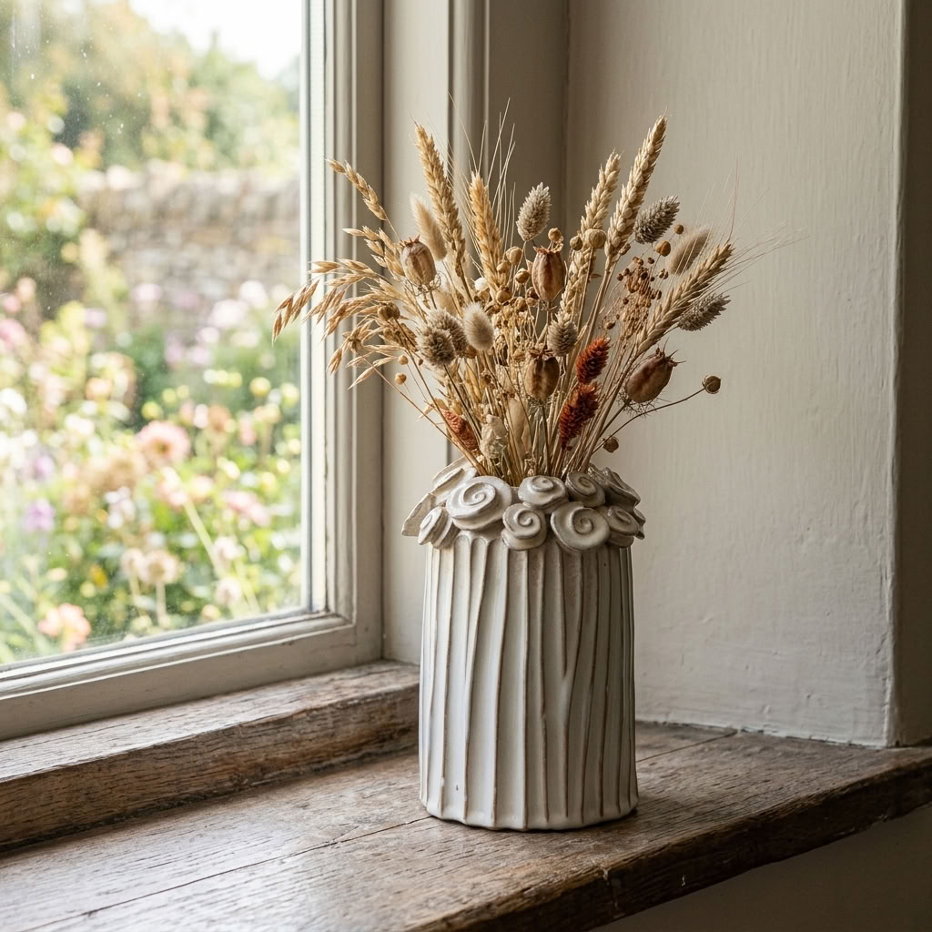 Flower Vase with delicate dried stems styled on a wooden cottage window ledge overlooking an English garden