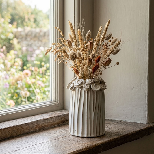 Flower Vase with delicate dried stems styled on a wooden cottage window ledge overlooking an English garden