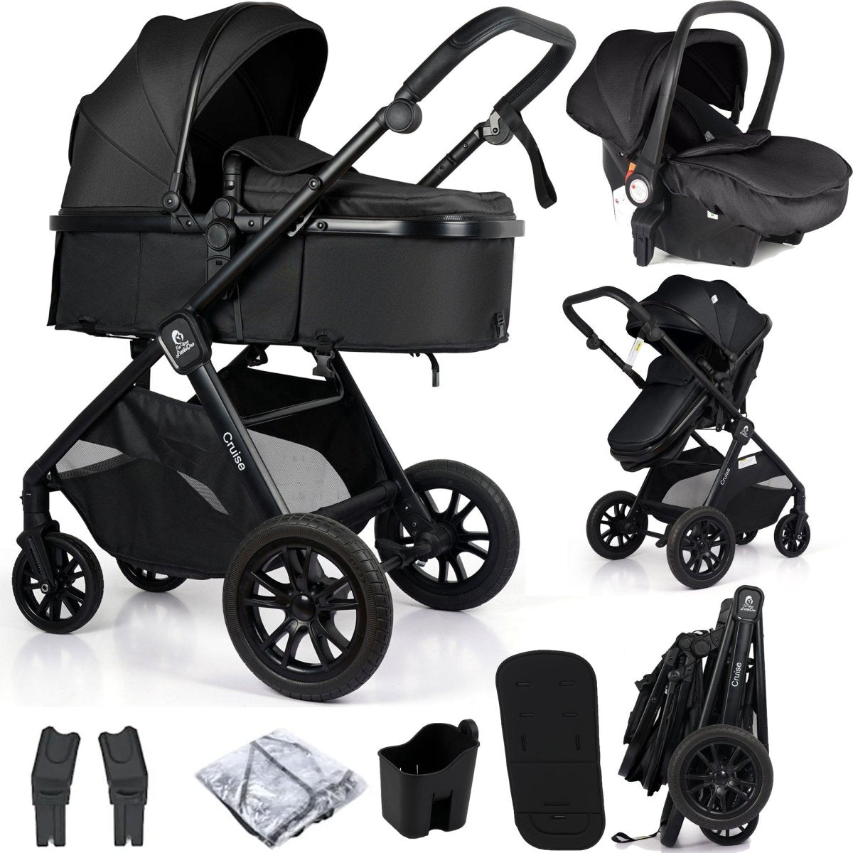 Cruise 3 In 1 Travel System With Car Seat - Eclipse Black (Free Cupholder & Seat Liner Included)