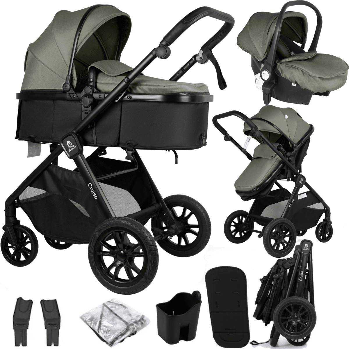 Cruise 3 In 1 Travel System With Car Seat - Pebble Sage (Free Cupholder & Seat Liner Included)
