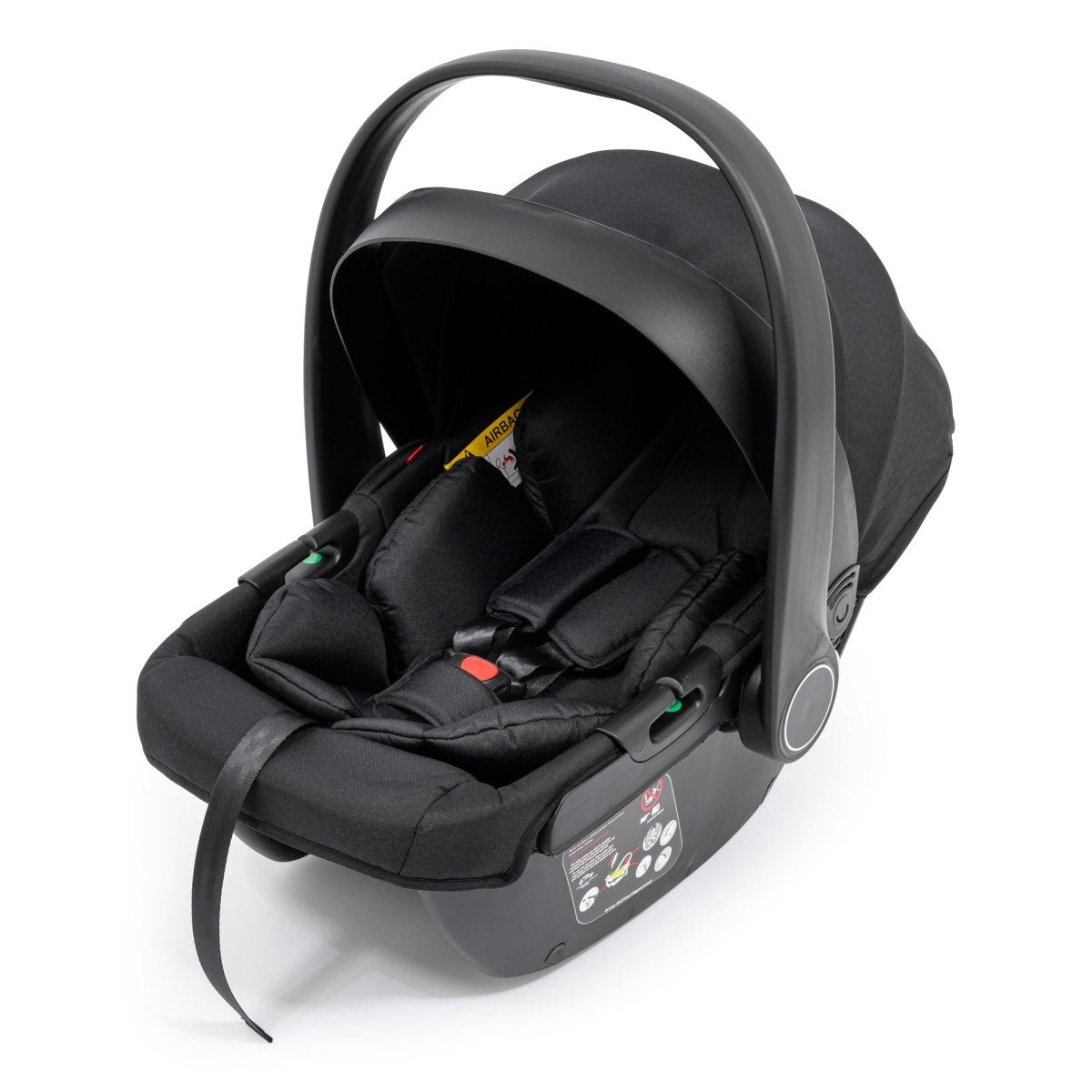 Black baby car seat with handle on a white background