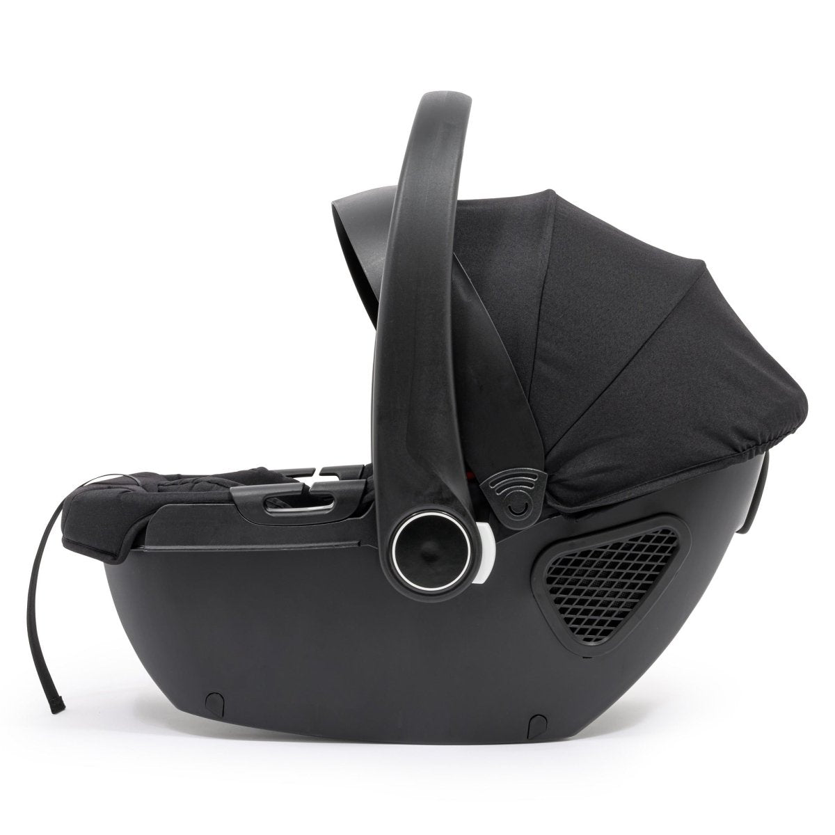 Black baby car seat on a white background