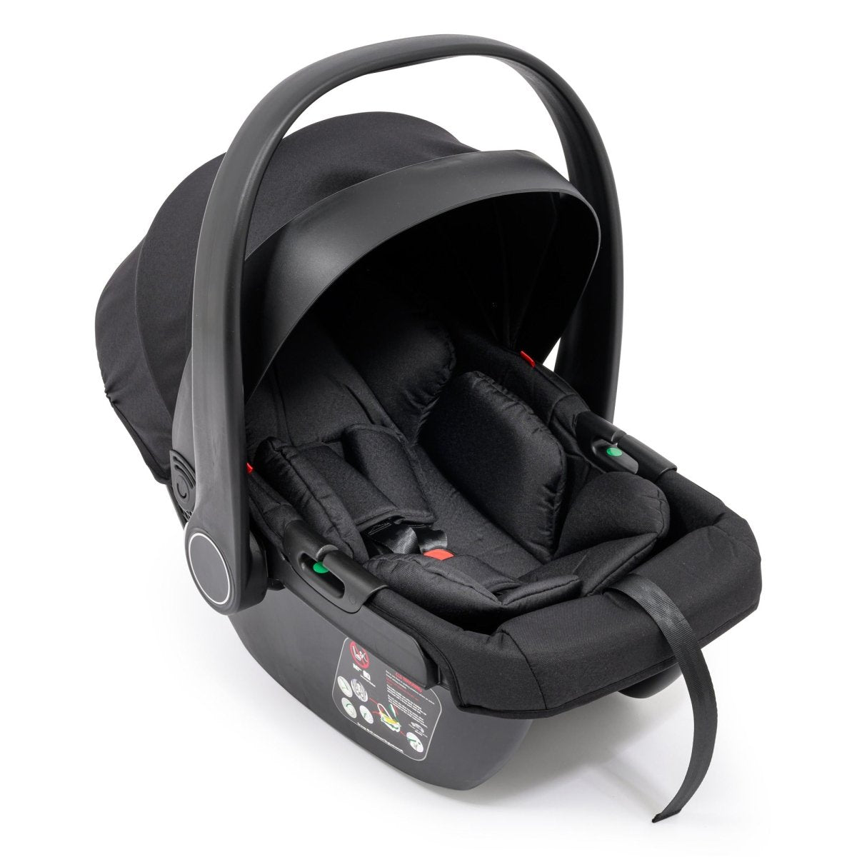 Black baby car seat with harness on a white background