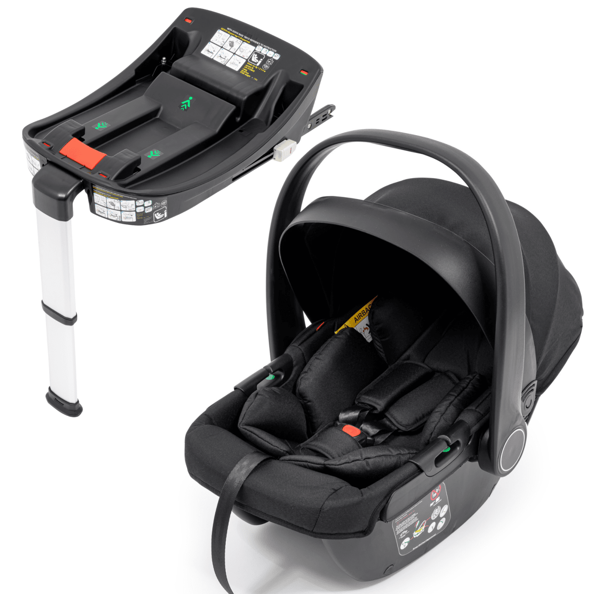 Black baby car seat with base on a white background