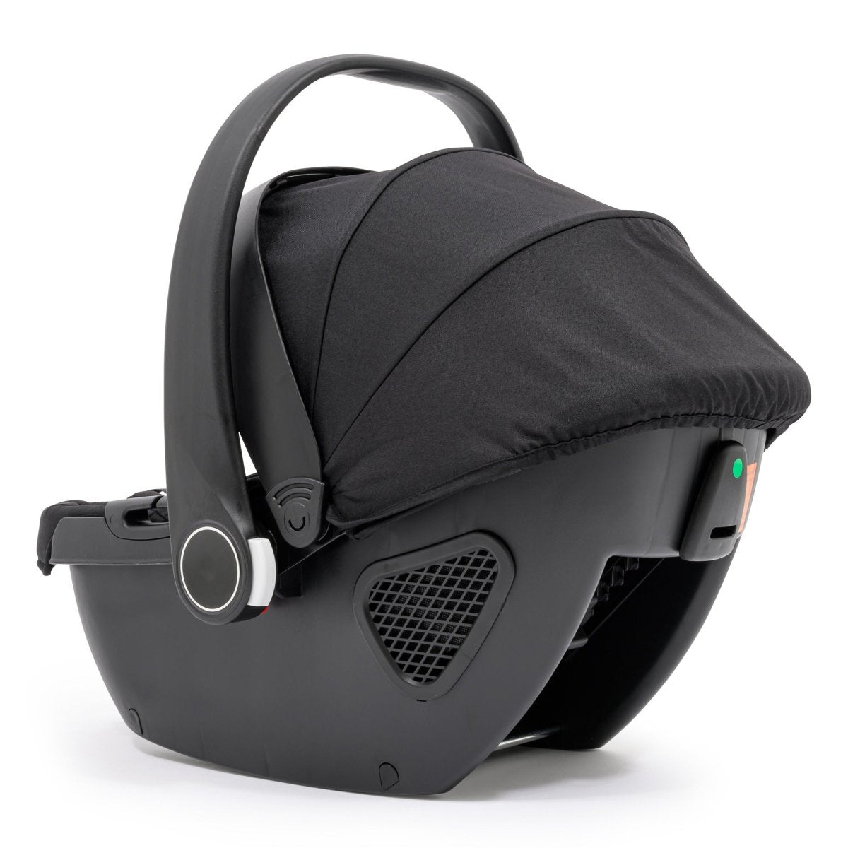 Black baby car seat on a white background