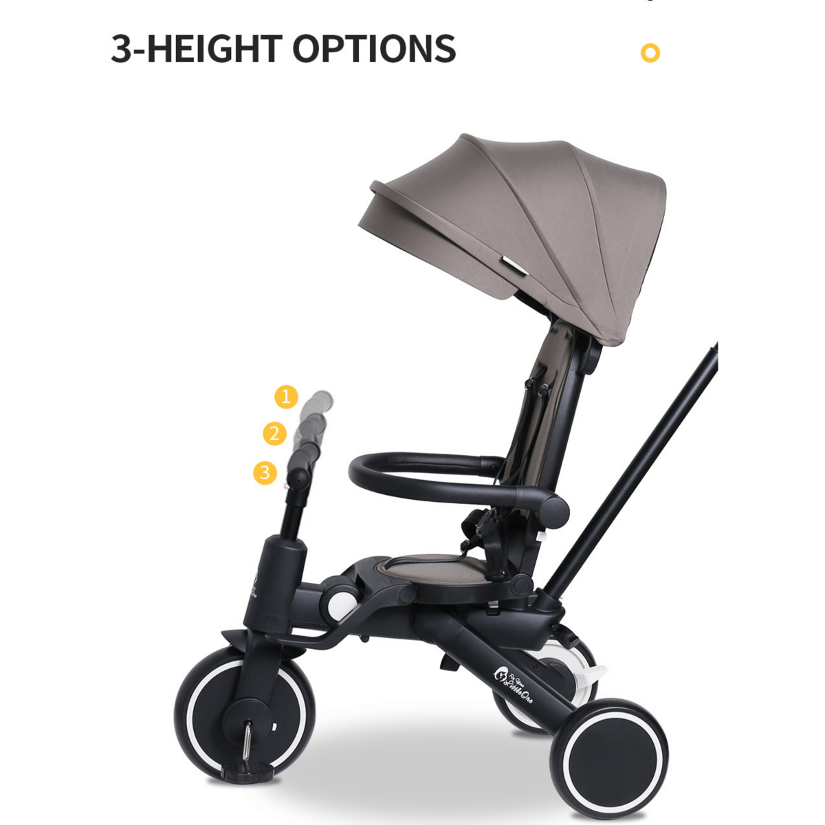 Baby stroller with adjustable canopy and 3-height options on a white background
