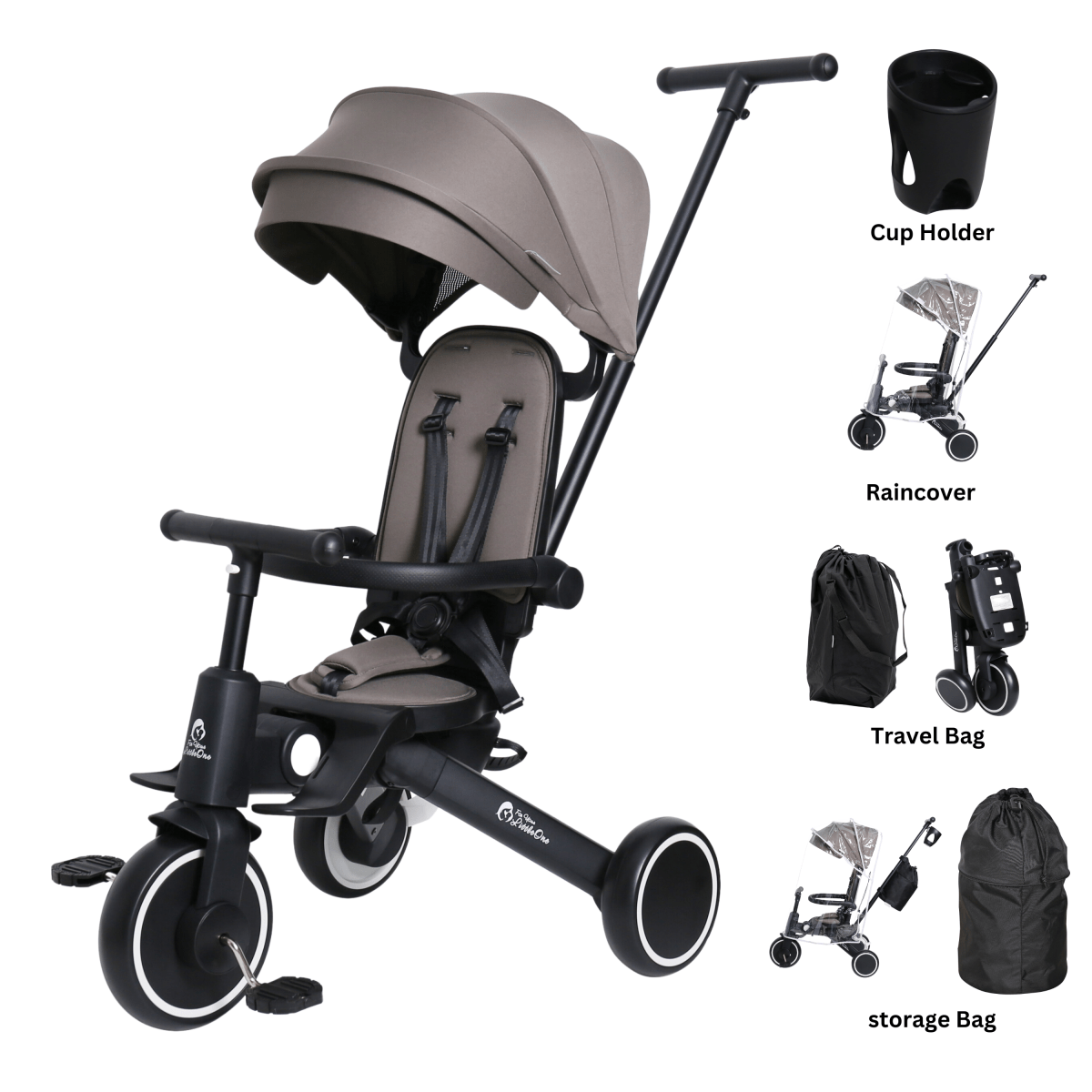 Baby stroller with accessories on a white background