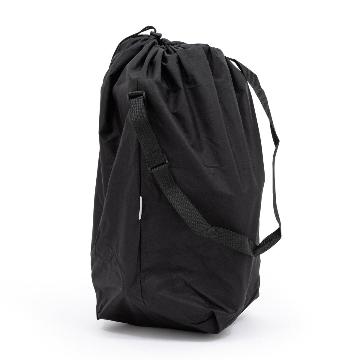 Black drawstring bag on a white background