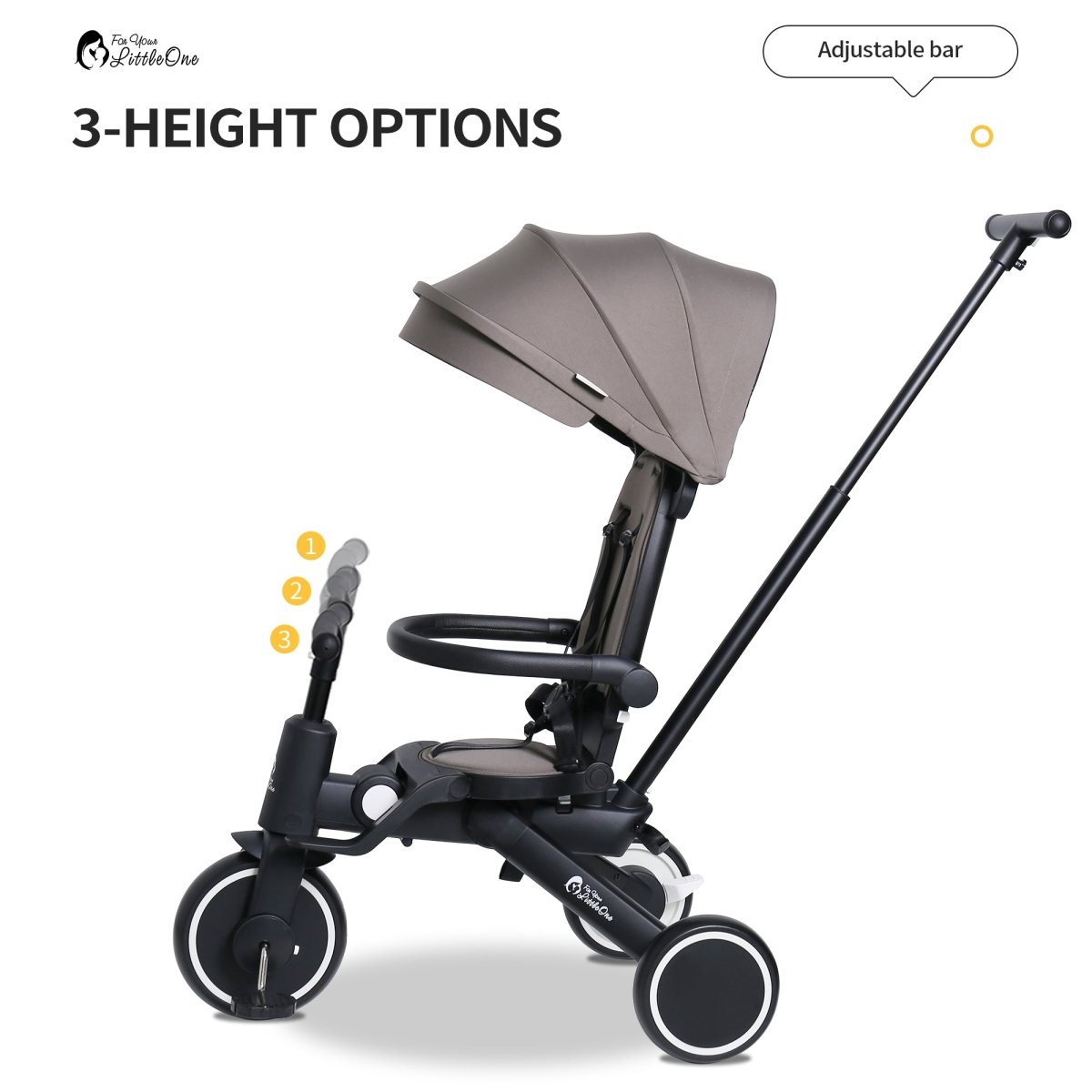 Baby stroller with adjustable canopy and 3-height options on a white background