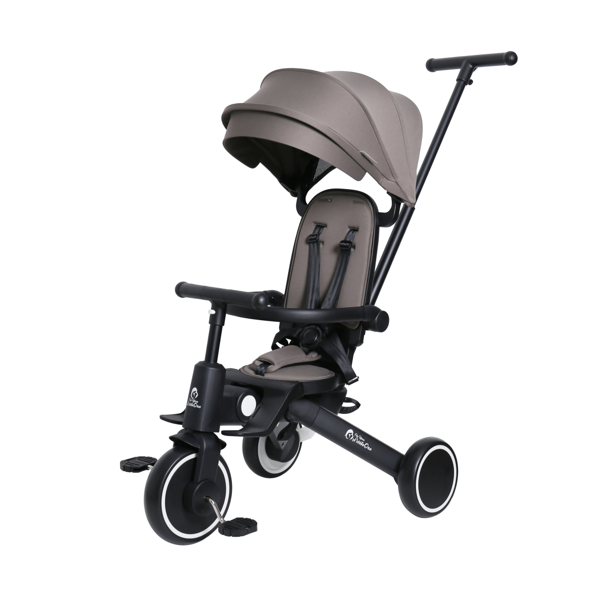 Children's tricycle with a beige seat and black frame on a white background