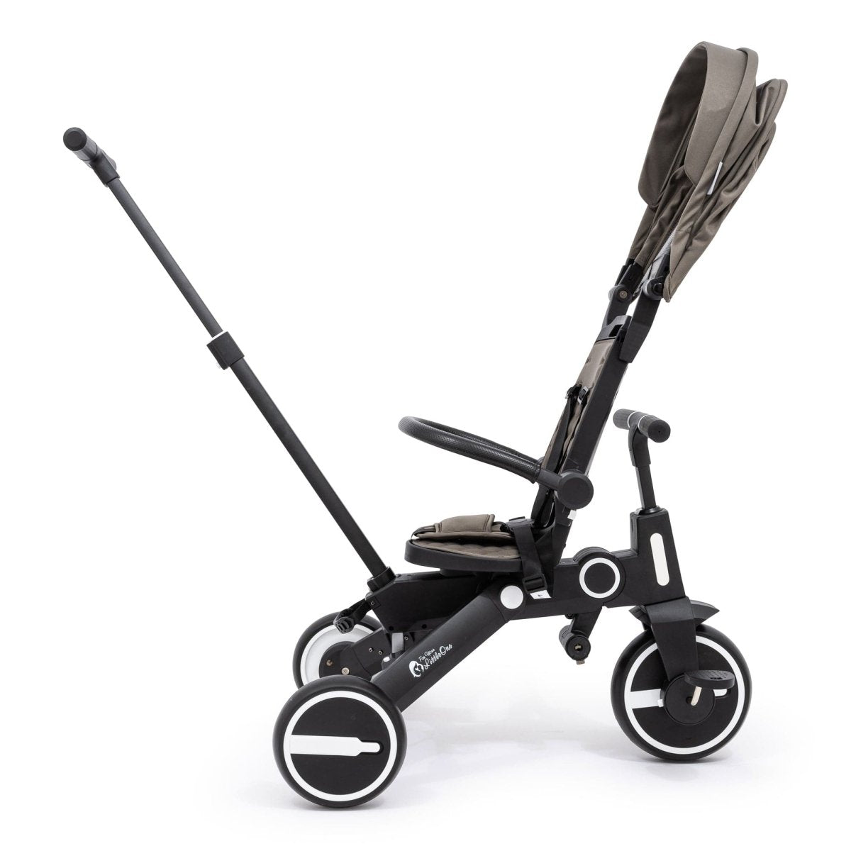 Black baby stroller with adjustable canopy on a white background