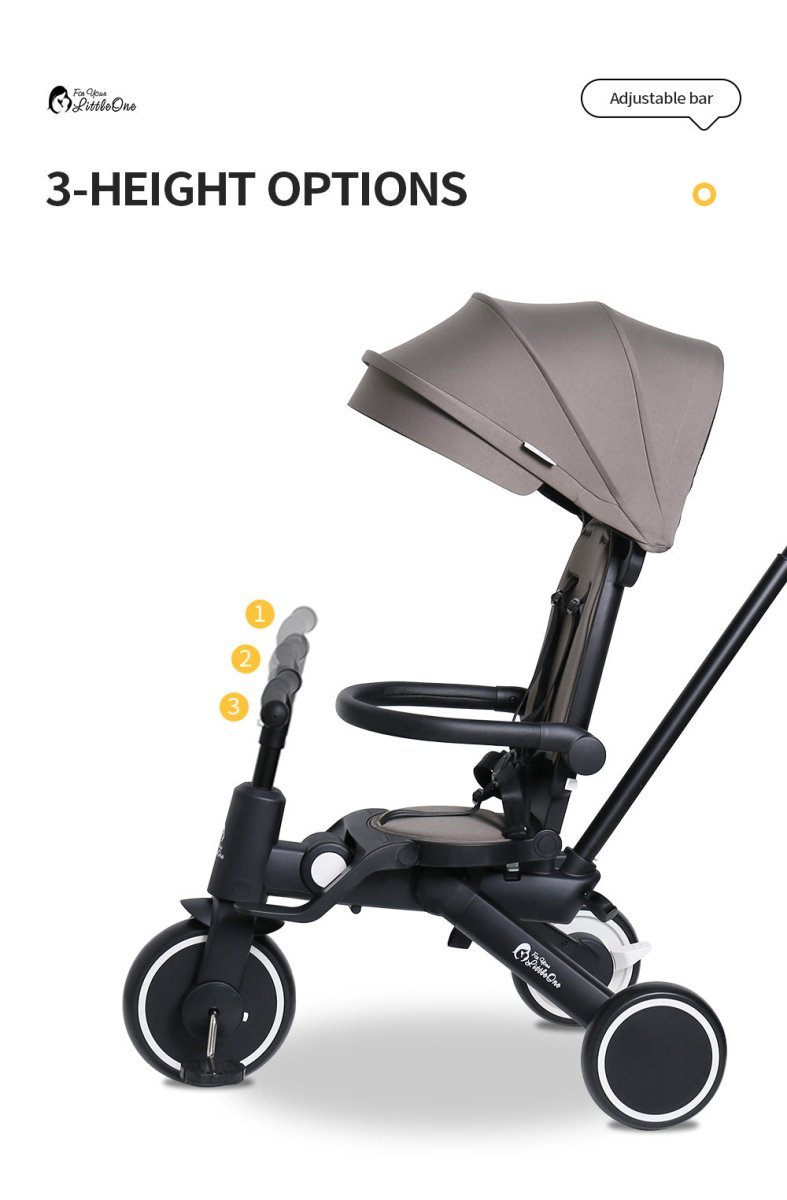 Baby stroller with adjustable canopy and 3-height options on a white background