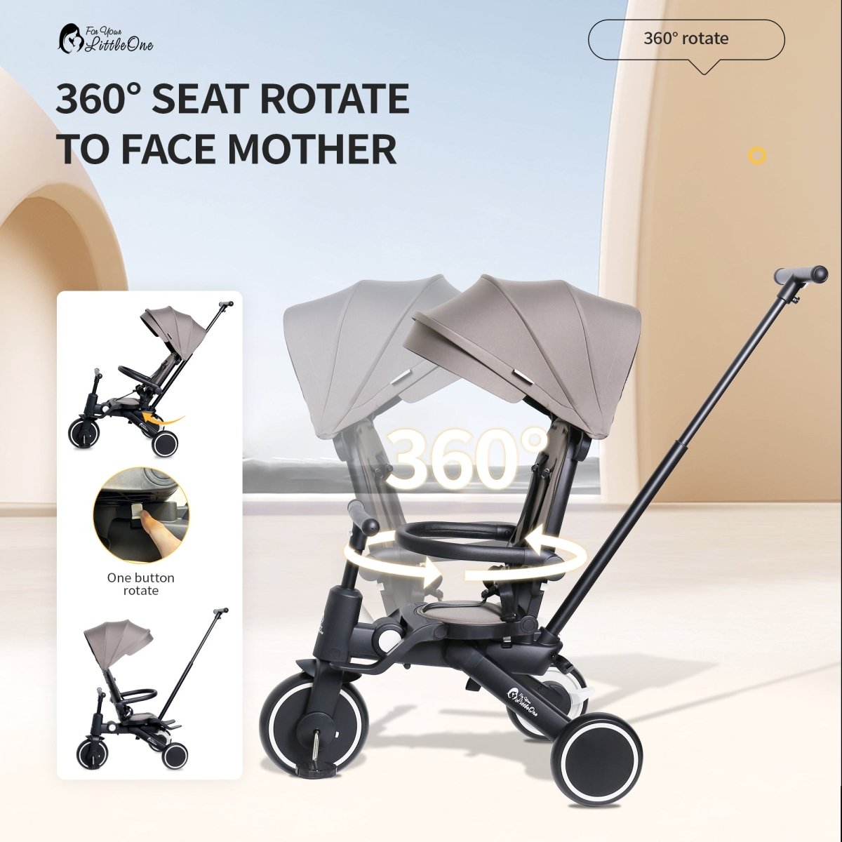 Baby stroller with 360-degree seat rotation feature on a light background