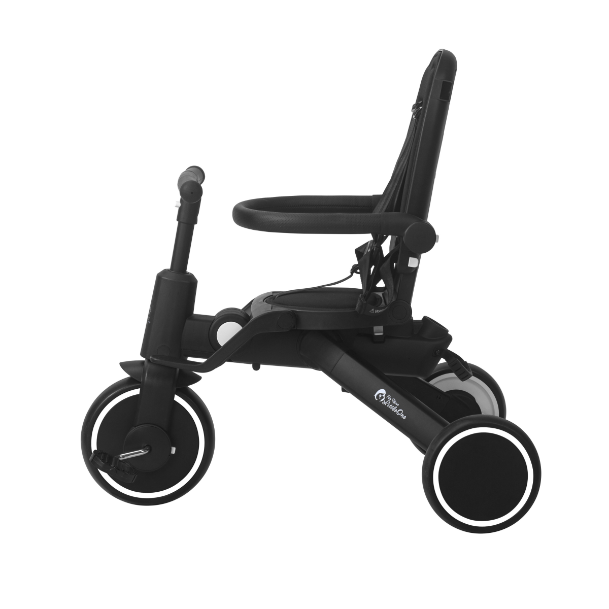 Xplor Ultimate 6 in 1 Foldable Trike in Jet Black shown from the side with seat back and footrests