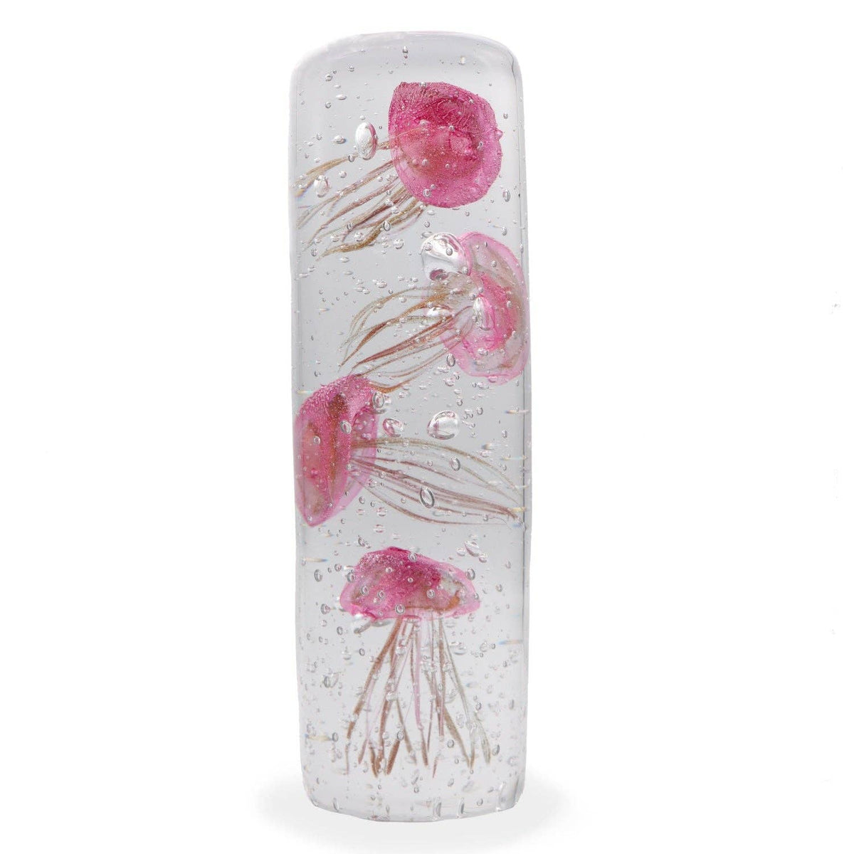 Four Pink Jellyfish hand-blown glass paperweight with decorative jellyfish suspended inside