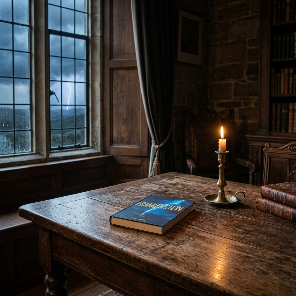 Frankenstein by Mary Shelley hardback on an antique desk beside a stormy country-house window